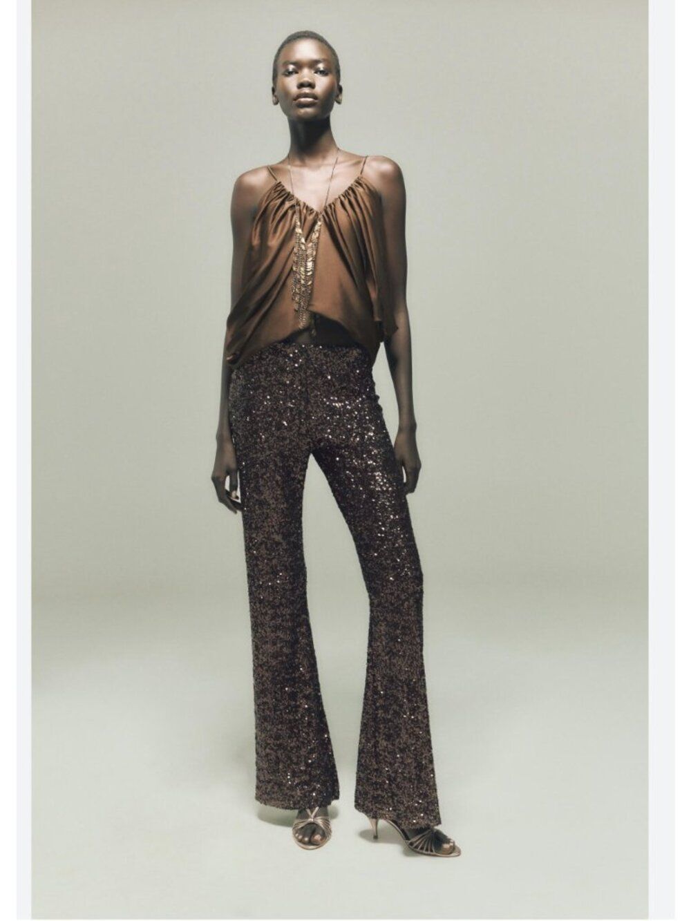 Zara Womens Sequin Pants Small Copper Brown Flare Fit High Rise 9860/555 NWT